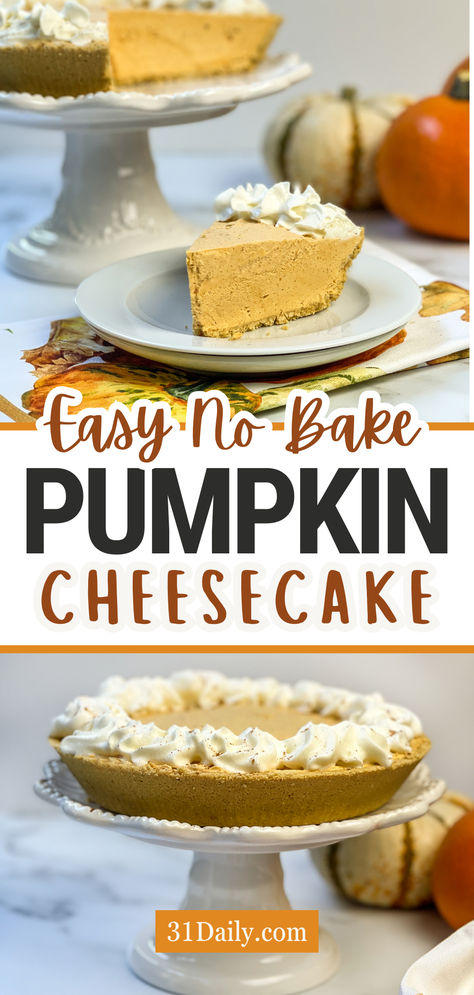 This Easy No-Bake Pumpkin Cheesecake recipe is one of the easiest pumpkin desserts you’ll ever make. Light and fluffy with distinctive pumpkin spice flavoring, it’s an easy cheesecake made without whipped heavy cream (whipped topping is the secret to the perfect texture!). You’ll come back to it time and again. No Bake Pumpkin Cheesecake Recipe Easy, Cool Whip Pumpkin Cheesecake, Punkin Cheesecake Recipes, Easy No Bake Pumpkin Desserts, Easy Pumpkin Cheesecake Recipe, Easy Pumpkin Cheesecake No Bake, Easy No Bake Cheesecake 4 Ingredients, Canned Pumpkin Recipes Dessert, Pumpkin No Bake Cheesecake