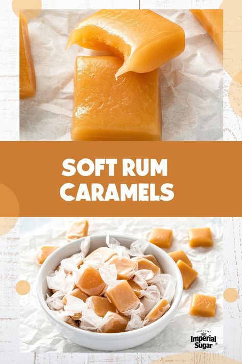 These Soft Rum Caramels are a tasty candy great for keeping on hand to serve during the holidays or wrapping up as gifts. Soft, extra chewy caramel flavored with a hint of rum. These 6 ingredient caramels taste like a buttered rum cocktail due to the rum extract and butter-caramel combo. For more Thanksgiving recipes and ideas visit DixieCrystals.com and pin your favorites! Made this recipe? Show us! #dixiecrystals #thanksgivingrecipes #easyfallrecipes Rum Nougat Candy Recipe, Gift Recipes, Edible Cups, Chewy Caramel, Butter Rum, Rum Extract, Buttered Rum, Caramel Filling, Chocolate Stores