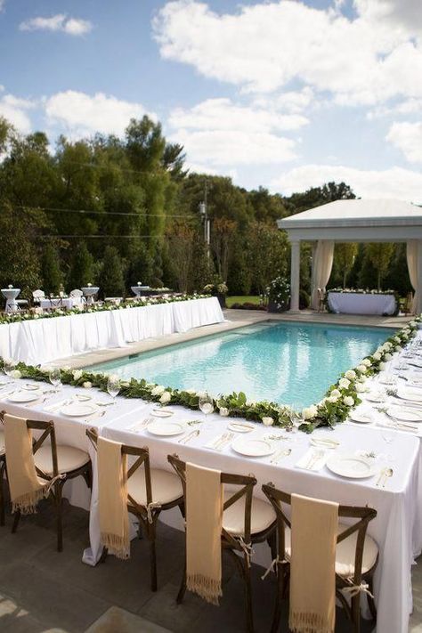 Poolside Wedding Reception, Pool Wedding Decorations, Wedding Peony, Amber Davis, Outdoor Wedding Lighting, Ceremony Outdoor, Backyard Wedding Ceremony, Pool Wedding, Gazebo Wedding