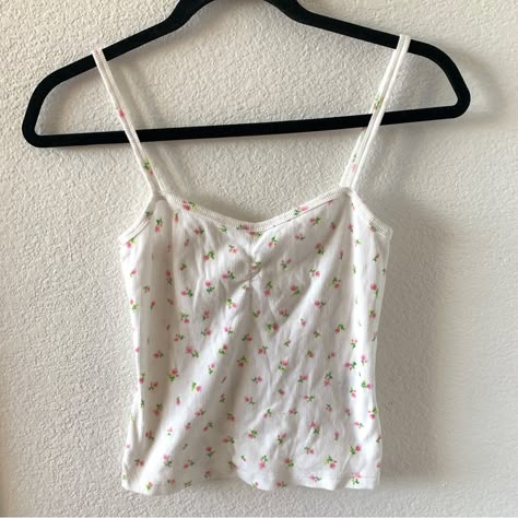 Nwot Bp White And Pink Floral Rosette Ribbed Tank Cami Top Never Worn No Flaws No Stains No Signs Of Wear Dainty Pink And White Coquette Tank Cami Top Perfect Casual Tank Top Ruching In The Front At The Sternum Coquette Brandy Melville Pilates Princess Y2k Barbie Yoga Girlfriend Collective Feminine Tank Top, Pink And White Coquette, Dainty Tops, Coquette Brandy Melville, Brandy Melville Floral Tank, Coquette Tank Top, Pink Tank Tops, Outfits For Highschool, Y2k Cami Top