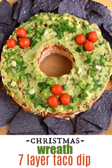 Whip up this fun and easy festive Christmas Wreath 7 Layer Taco Dip recipe #texmex #tacodip #christmas Layer Taco Dip, 7 Layer Taco Dip, 7 Layer Dip Recipe, Layered Taco, Easy Fruit Pizza, Taco Dip Recipe, Layered Taco Dip, Fruit Pizza Recipe, Layer Dip