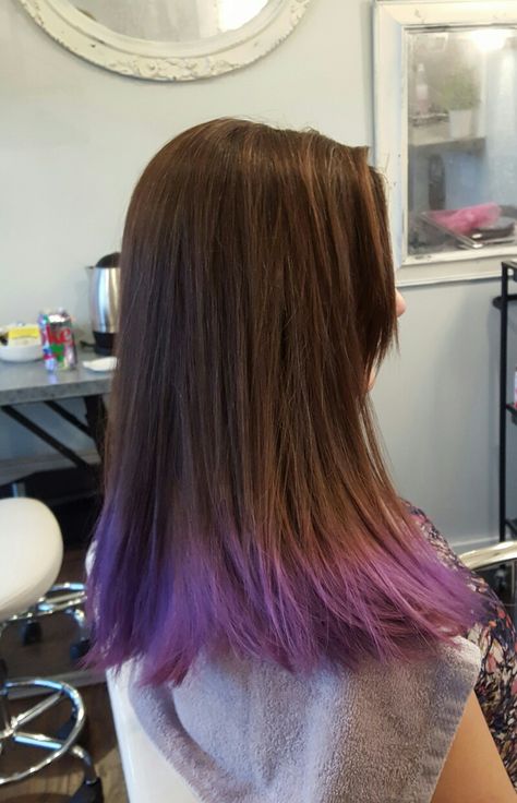 Purple End Hair, Hair Dipped Ends Blue, Dyed Hair For Brunettes Purple, Purple Hair Ends Dips, Brown To Purple Ombre Hair Long, Long Brown Hair With Purple Tips, Purple Hair Ends Brown, Purple Tips Brown Hair, Purple Hair Tips Brunette