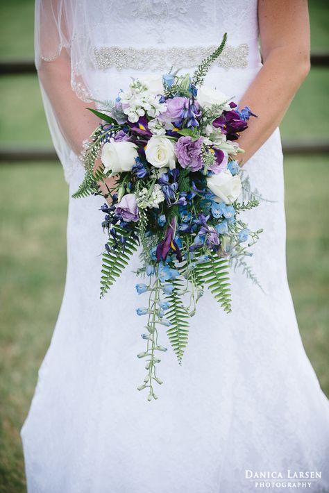 Outdoor backyard wedding reception. Navy blue, lavender purple cascade wildflower bouquet. Photography: www.danicalarsen.com Navy Blue Lavender Wedding Bridal Bouquets, Sage Green Purple Blue Wedding, Purple Wildflower Wedding Bouquet, Blue Purple Flower Bouquet, Blue And Purple Wildflower Bouquet, Lavender And Blue Bouquet, Light Blue And Purple Wedding Flowers, Purple Blue Wedding Bouquets, Small Cascade Wedding Bouquet