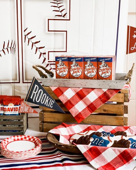 Rookie Of The Year Dessert Table, Baseball Party Table Decor, Baseball Theme Dessert Table, Baseball Party Dessert Table, Baseball Food Ideas, Rookie Of The Year First Birthday Decor, Baseball Dessert Table, Yankees Birthday Party, First Birthday Board