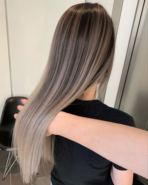 Ash Balayage Straight Hair, Ash Blond Brown Hair, Dark Brown Hair With Ash Balayage, Dark Roots With Ash Blonde Hair, Hair Color Ideas For Brunettes With Blonde Highlights, Mushroom Bronde Balayage Brunette, Dark Ash Blonde Balayage On Black Hair, Ash Grey Blonde Balayage, Highlight Balayage Dark Hair