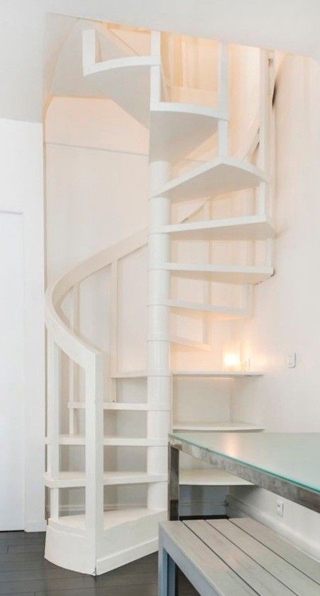 Under Spiral Stairs Storage, Wooden Spiral Staircase Small Spaces, Spiral Stairs To Attic, Spiral Staircase To Attic, Narrow Spiral Staircase, Spiral Staircase Makeover, Bedroom With Spiral Staircase, Stairs In Bedroom, Tiny House Loft Stairs