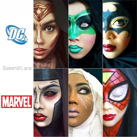 “DC or Marvel?  I also did Ironman and other X-Men characters but they're ugly. You can check them out on my page.  #dc #marvel #dccomics #marvelstudios…” Cartoon Character Makeup, Halloween Costumes Ideas For Couples, Costumes Ideas For Couples, Hijab Cosplay, Comic Makeup, Pop Art Makeup, Kids Face Paint, Makeup Challenges, Character Makeup