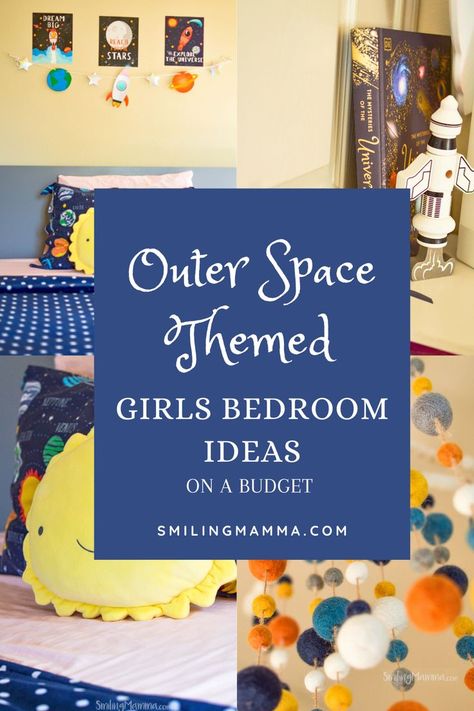 girls bedroom ideas, home decor, kids outer space room, kids room decor, kids room tour, outer space themed room Diy Space Decorations Bedrooms, Space Kids Bedroom, Space Bedroom Girl, Girls Space Themed Bedroom, Girl Space Room, Space Theme Bedroom, Girly Space Room, Girly Space Themed Room, Space Themed Bedroom Aesthetic