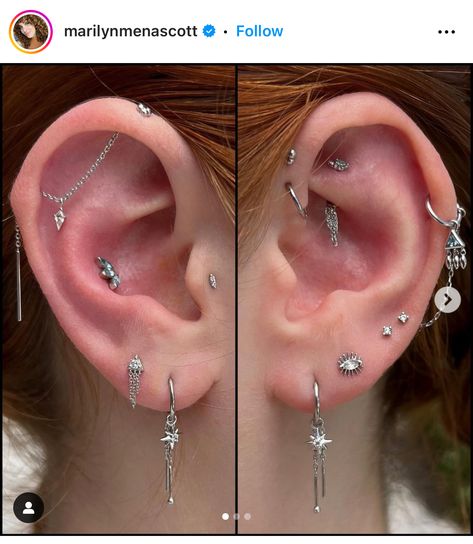 Ear Scape Ideas Silver, Silver Earscape, Ear Stacking Ideas Silver, Ear Tattoo With Piercing, Ear Piercing Combinations, Different Types Of Piercings, Unique Ear Piercings, Piercing Inspo, Cool Ear Piercings