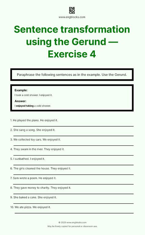 Paraphrase the following sentences as in the example. Use the Gerund. Paraphrase the following sentences as in the example. Use the Gerund. Download this printable worksheet FREE on the website. Answer key provided. #english #gerundandinfinitive #englishgrammar #eslworksheets #engblocks Gerund Exercises, To Infinitive, Teaching English Grammar, English Grammar Worksheets, English Resources, Grammar Worksheets, College Essay, Esl Worksheets, Exercise For Kids