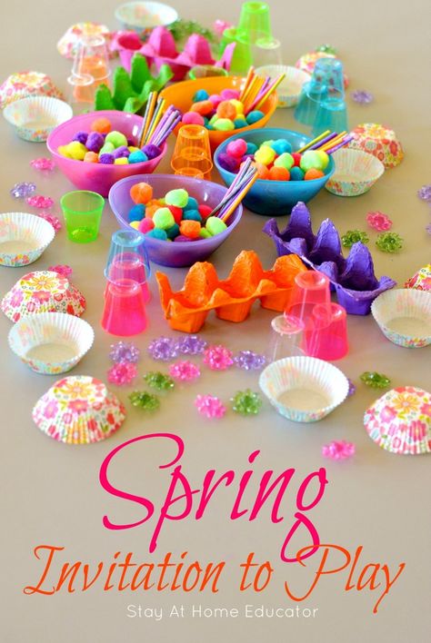 Learning Through Play with a Spring Theme Invitation to Play Kindergarten Garden, Table Top Ideas, Preschool Spring, Preschool Room, Sensory Tubs, Pre Primary, Sweet Station, Pastel Cupcakes, Spring Preschool