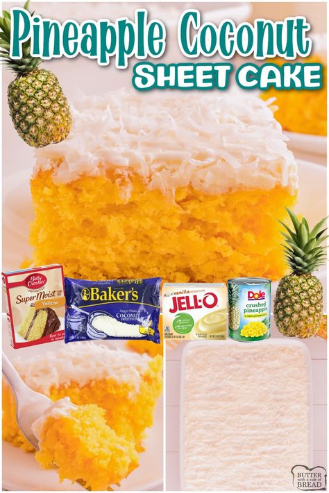 Pineapple Coconut Cake that's made with a boxed cake mix, instant pudding mix and topped with a delicious coconut whipped cream frosting & shredded coconut. Amazing tropical flavored sheet cake recipe! Coconut Whipped Cream Frosting, Bundt Cake Mix, Pineapple Coconut Cake, Coconut Pineapple Cake, Easy Pineapple Cake, Coconut Sheet Cakes, Coconut Cream Frosting, Box Cake Recipes, Pineapple Cake Recipe