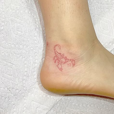 Red scorpion    #sanfranciscotattoo#losangelestattoo#singleneedle#finelinetattoo Red Scorpion, Infected Tattoo, A Small Tattoo, Ankle Tattoo Designs, Scorpio Tattoo, Scorpion Tattoo, Red Ink Tattoos, Red Tattoos, Lip Tattoos