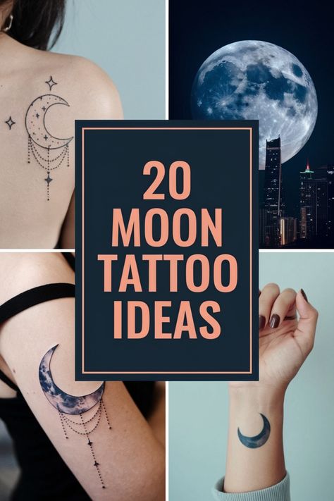 20 moon tattoo ideas displayed with images of moon tattoos and a cityscape with a full moon. Filigree Moon Tattoo, Moon Music Tattoo, Moon Phase Tattoo Arm, New Moon Tattoo Design, Half Moon Tattoo Designs For Women, Unique Moon Tattoo Ideas For Women, Small Full Moon Tattoo, Moon Memorial Tattoo, Celestial Shoulder Tattoo