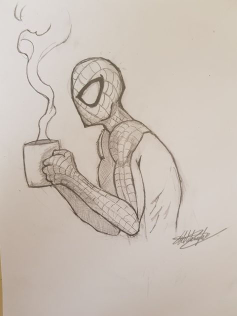 Spider Man with coffee Men Coffee, Christmas Villages, Drawing Reference, Marvel Dc, Spiderman, Marvel, Humanoid Sketch, Graphic Design, Coffee