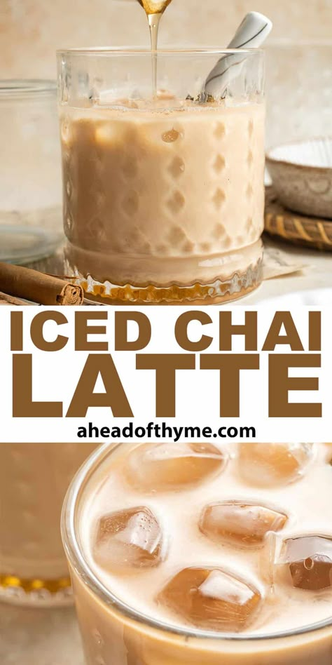 Sweet, spicy, and ice cold, is there anything more refreshing than an Iced Chai Latte? It's easy to make this boldly flavored iced chai tea latte at home with just a chai teabag and a little patience — no boxes of concentrate required! This easy iced tea recipe is quick enough to make every day, or you can save time and just double or triple it and keep a stash of homemade chai concentrate in the fridge.| aheadofthyme.com #icedchailatte #icedchaitea #chaitealatte via @aheadofthyme Cold Chai Tea Latte, Chi Latte Recipe, Starbucks Iced Chai Tea Latte Recipe, Iced Chai Tea Latte Recipe, Iced Chai Recipe, Chia Tea Latte Recipe, Chai Tea Latte At Home, Easy Iced Tea Recipes, Iced Chai Latte Recipe