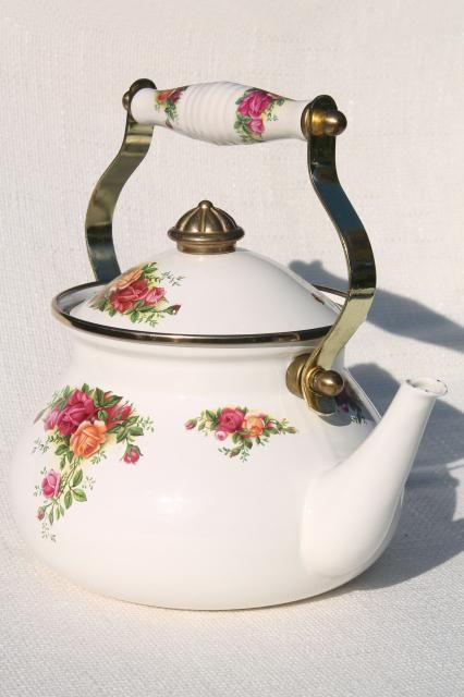 80s vintage porcelain enamel metal tea kettle, Old Country Roses Royal Albert china go-along Royal Albert Pottery, Pretty Coffee, Royal Albert China, Royal Albert Old Country Roses, Old Country Roses, Tea Kettles, Country Roses, Rose Tea, Vintage Tools