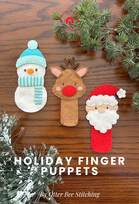 Welcome to Christmas in July! For this tutorial, Maker Team member Jess of @otterbeestitching is getting the whole family into the holiday spirit! These felt finger puppets are fun for the recipient and the maker and can be customized in countless ways. We dare you to make just one. There’s just something so magical about all the twinkling lights, soft snowfall and cozy vibes - it’s something I look forward to all year long. Naturally, I jumped at the chance to design a project for Benzie’s Chr Christmas Finger Puppets, Puppet Tutorial, Stitch Ears, Finger Puppet Patterns, Welcome To Christmas, Felt Puppets, Puppets For Kids, Felt Finger Puppets, Puppet Patterns