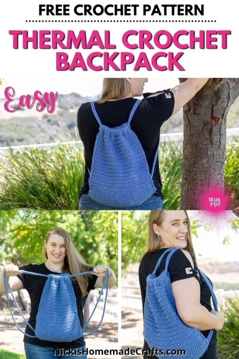 Crochet Bag Backpack, Easy Crochet Backpack, Crochet Backpack Free Pattern Easy, Crochet Drawstring Backpack Pattern Free, Backpack Crochet Pattern Free, Crochet Bookbag, Crochet Backpack Free Pattern, Crochet Drawstring Backpack, Thermal Crochet