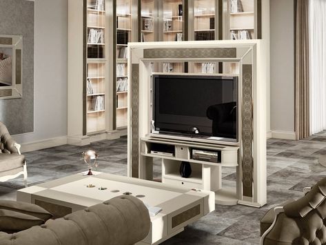 Double-sided swivel TV cabinet with cable management DESIRE REVOLVING by Vismara Design Revolving Tv Unit, Tv Stand Rotating, Tv Partition, Tv Stand Room, Partition Wall Ideas, Build A Tv Stand, House Game Room, Tv Stand Room Divider, Rotating Tv