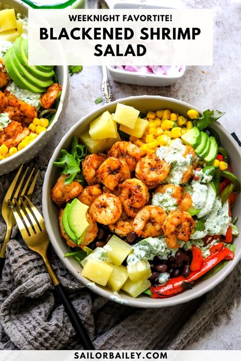 Nothing better than a nutrient dense salad topped with spicy Blackened Shrimp Salad and creamy jalapeño dressing.  via @sailor_bailey Shrimp Salad Dressing, Blackened Shrimp Salad, Dense Salad, Jalapeño Dressing, Shrimp Lettuce Cups, Sailor Bailey, Shrimp Bowl, Dairy Free Salads, Blackened Shrimp