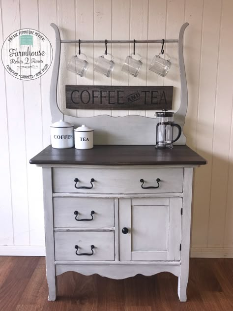 Coffee Anyone? Antique Washstand revived to provide a great cup of Java #coffeebar #coffee #coffeestation #farmhouserelics2roses Antique Washstand, Antique Wash Stand, Coffee Bars In Kitchen, Wash Stand, Home Coffee Bar, Coffee Bar Home, Refurbished Furniture, Flipping Furniture, Redo Furniture