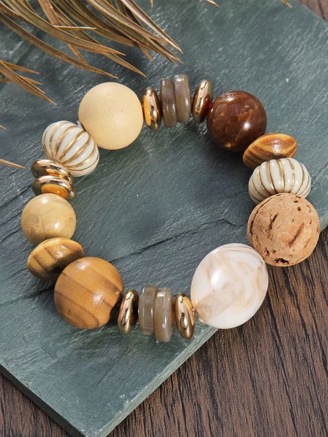 1pc Bohemian Style Resin & Wood Beaded Bracelet Multicolor    Wood     Women Fashion Jewelry, size features are:Bust: ,Length: ,Sleeve Length: Clothespin Diy Crafts, Wood Beads Jewelry, Wood Bead Bracelet, Wood Bead Necklace, Head Jewelry, Bohemian Bracelets, Styl Boho, Watches Women Fashion, Lovely Jewellery