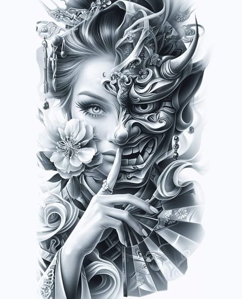 Female Samurai Tattoo, Tato Irezumi, Tato Geisha, Japanese Geisha Tattoo, Japanese Warrior Tattoo, Samurai Tattoo Sleeve, Geisha Tattoo Design, Tattoo Japanese Style, Hanya Tattoo