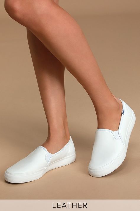 Keds Double Decker Leather - White Sneakers - Slip-On Sneakers #ad #Decker, #Paid, #Double, #Keds, #Leather White Slip On Shoes Outfit, Collar Clothes, White Keds, White Slip On Shoes, Silhouette Logo, Keds Champion, Classy Style, Pinterest Closet, Logo Tag