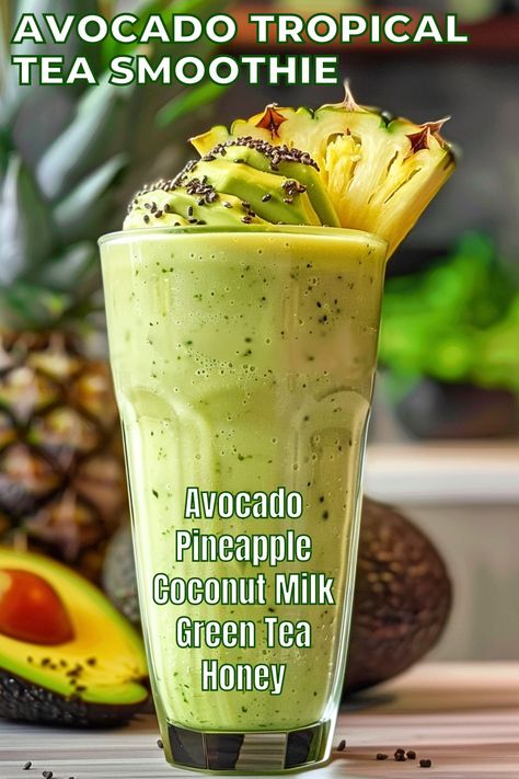 This Avocado Tropical Tea Smoothie is a perfect and creamy blend of ripe avocado, sweet pineapple, and aromatic green tea, enriched with coconut milk. This recipe combines healthful ingredients for a tropical taste escape that's perfect for any time of day! Moroccan Mint Tea Recipe, Healthy Teas Recipes, Mint Tea Recipe, Milk Thistle Tea, Layered Smoothie, Tea Facts, Licorice Tea, Turmeric Tea Recipe, Ginger Tea Recipe