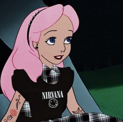 Nirvana Alice Rock Princess Aesthetic, Emo Disney Characters, Alice In Wonderland Pfp, Brown Cargo Pants Women, Cupid Pfp, Emo Disney Princess, Hipster Disney Princess, Emo Disney, Hipster Guy