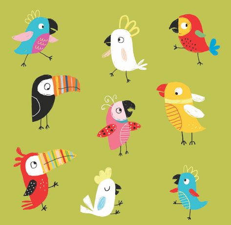 Lots of parrots by Ailie Busby Tropical Bird Illustration, Parrot Illustration Cute, Parrot Illustration, Parrot Drawing, Small Bird Tattoo, Tropical Bird, Bird Theme, Bird Supplies, Bird Artwork