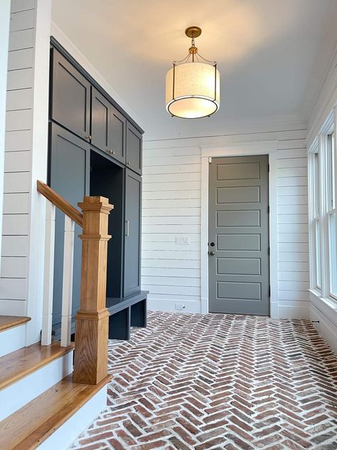 Benjamin Moore Nightfall, Coastal Mudroom, White Herringbone Floor, Brick Floors Mudroom, Brick Herringbone Floor, Sherwin Williams Pure White, Herringbone Brick Floor, Herringbone Brick, Functional Mudroom