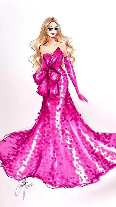 Barbie Dress Sketch, Holly Nichols Illustration Sketch, Candy Dress Drawing, Barbie Fashion Illustration, Barbie Dress Drawing, Holly Nichols Illustration, Holly Nichols, Hot Pink Fashion, Barbie Fashion Sketches