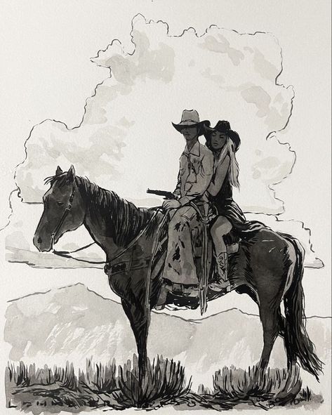 Cowboy On Horse Illustration, Cowboy Comic Art, Cowboy Riding Horse Drawing, Cowgirl Drawing Reference, Cowgirl Art Drawing, Cowboy On Horse Drawing, Cowboy Art Drawing, Cowgirl Sketch, Cowboy Drawings