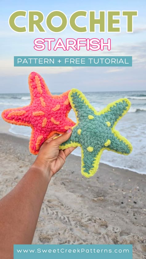 This crochet starfish is a super easy no-sew crochet pattern and FREE tutorial!  This crochet starfish was designed to be a super easy crochet pattern for summer markets, and so much more! This crochet starfish is available on my YouTube channel as a FREE tutorial, and then the ad-free pdf is available on my Website and Etsy shop! Happy crocheting, and please tag me when you're done as I would LOVE to see it! Amigurumi Starfish Free Pattern, Mini Starfish Crochet Pattern Free, Crochet Starfish Pattern, Crochet Seaweed Free Pattern, Crochet Star Fish Pattern Free, Free Crochet Patterns Amigurumi No Sew, Ocean Crochet Patterns Free, Clam Crochet Pattern, Starfish Crochet Pattern Free