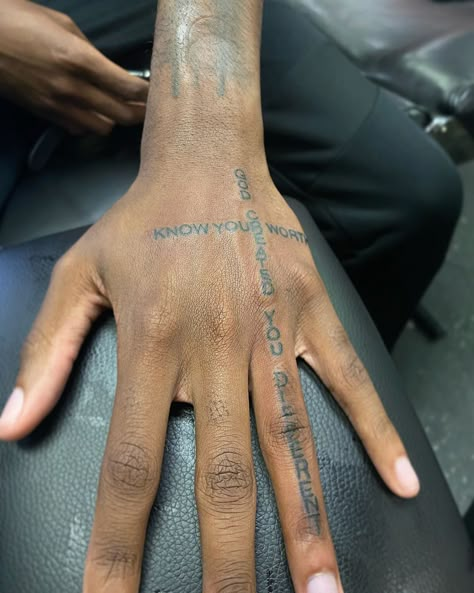 Sir King on Instagram: “Know your worth God created you different 🙏🏽👏🏾🙏🏽👏🏾🙏🏽👏🏾” Obj Hand Tattoo, God Created You Different Tattoo, Hand Cross Tattoo, Bktherula Aesthetic, Neck Tats, Hand Tatts, Tattoo Ideas Males, Skull Hand Tattoo, Hand Tats