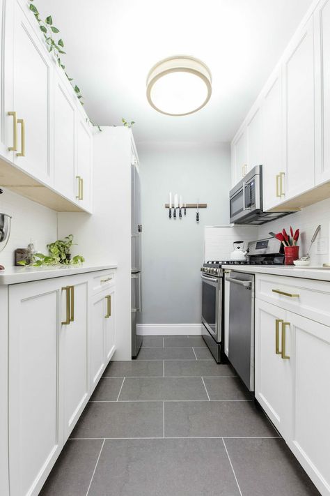 Galley Kitchen Backsplash, Small Galley Kitchen Lighting, White Kitchen Gray Floor, Galley Kitchen Colors Schemes, Galley Kitchen With Washer And Dryer, Small Kitchen Tile Floor, Galley Kitchen With Wall Oven, Galley Kitchen Refrigerator Placement, Galley Kitchen Dimensions