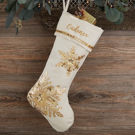 Glistening Snowflake Personalized Ivory Christmas Stocking Gold Christmas Stockings, Family Stocking, Personalized Christmas Stocking, Personalization Mall, Custom Stocking, Family Stockings, Gold Christmas Decorations, Gold Snowflake, Personalized Stockings