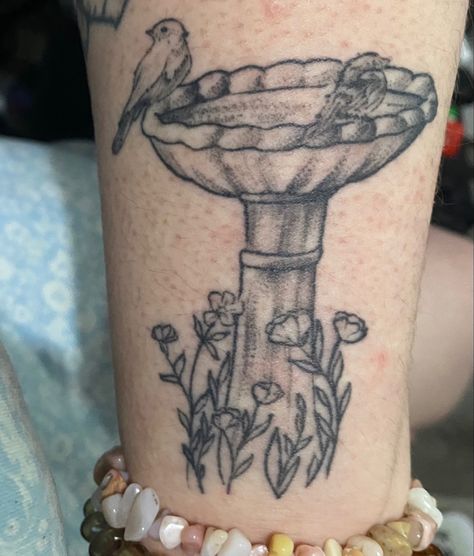 Bird Bath Tattoo Ideas, Birdbath Tattoo, Bird Feeder Tattoo, Bird Bath Drawing, Traditional Watering Can Tattoo, Bird Bath Tattoo, Birdhouse Tattoo, Fountain Tattoo, Whimsical Tattoos