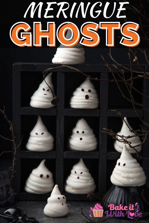 Meringue ghosts are sugary and delicious cookies perfect for sharing with a large crowd at your next Halloween party! These spooky meringue ghosts feature egg whites, sugar, and melted chocolate chips for eyes. Add this recipe to your Halloween party food list because everyone will be falling in love with this delightful treat! BakeItWithLove.com #bakeitwithlove #meringue #ghosts #cookie #dessert #halloween #halloweentreat Party Food List, Meringue Ghosts, Ghost Meringues, Melted Chocolate Chips, Halloween Party Desserts, How To Make Meringue, Dessert Halloween, Halloween Party Food, Ghost Cookies