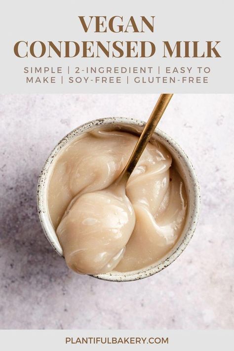 This Homemade Vegan Condensed Milk is so easy to make with only 2 ingredients! It’s thick and creamy and perfect for any dessert recipe. Dairy-free, soy-free, and gluten-free. #howtomakevegancondensedmilk #vegancondensedmilkrecipes #diyvegancondensedmilk #easyvegancondensedmilk #whattomakewithvegancondensedmilk Condensed Milk Recipe, Vegan Condensed Milk, Vegan Baking Recipes, Brownie Cupcakes, Desserts Vegan, Vegan Milk, Vegan Sauces, Vegan Dessert Recipes, Vegan Treats