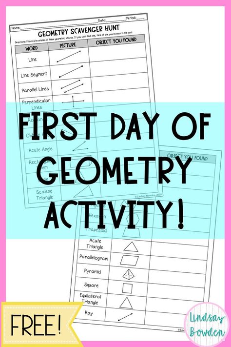 Fun Geometry Activities For High School, Geometry First Day Activities, Grade 4 Geometry, 4th Grade Geometry Activities, Geometry Classroom Decor High Schools, Geometry Elementary, Geometry Interactive Notebook, High School Geometry, First Day Of School Activity