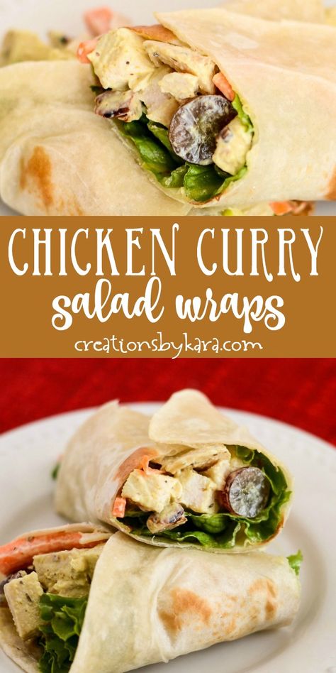 Easy and tasty Curried Chicken Salad Wraps - this chicken salad has a hint of curry, and is simply delicious. Fill tortillas or lettuce leaves with this chicken curry salad for a tasty lunch or dinner! #currychickensalad #curriedchickenwraps #currychickensaladwraps #curry #chickenwraps #creationsbykara Curry Wrap Chicken, Chicken Salad Wrap Recipe, Curry Salad, Curried Chicken Salad, Curry Chicken Salad, Chicken Salad Wrap, Curried Chicken, Chicken Wrap, Chicken Curry Salad