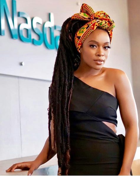 Nomzamo Mbatha Wrapping an African Print Doek with Faux Locs - Clipkulture | Clipkulture Styles On Braids, Black Faux Locs, Jumbo Locs, Jumbo Faux Locs, Doek Styles, Nomzamo Mbatha, Box Braids Updo, Black Box Braids, Faux Locks