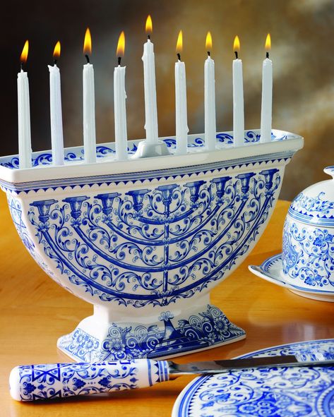 Celebrate Hanukkah with blue and white style. 🕎 Spode's Judaica Collection draws inspiration from ceramic tile motifs and historic Judaic manuscripts from the 1880s. Hannukah Gifts For Husband, Round Challah, Jewish Celebrations, Chanukah Decor, Hanukkah Decorations, Judaica Art, Jewish Culture, Hanukkah Menorah, Jewish Holidays