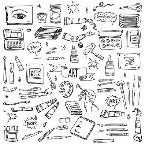 Art Tools Illustration, Tools Art, Sketch Note, Doodle Art Flowers, Cool Doodles, Doodle Art Journals, Art Elements, Object Drawing, Art Videos Tutorials