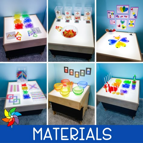 Preschool Light Table, Light Box Activities, Diy Light Table, Pattern Block Templates, Play To Learn Preschool, Light Table Ideas, Box Activities, Light Table Activities, Calm Down Bottle