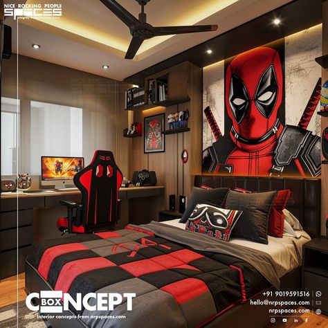 #deadpoolwolverine #themedinteriors Call us to know more #marvel #deadpool #wolverine #disney #movie #mcu #red #yellow Deadpool Room Ideas, Deadpool Bedroom Ideas, Deadpool Bedroom, Red Room Aesthetic Marvel, Red Boys Room, Marvel Bedroom Ideas, Marvel Room Ideas, Boy Room Red, Marvel Bedroom