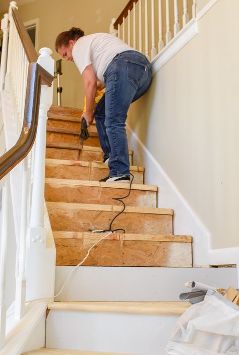 Hardwood Stair Tread Installation - We figured out a way to make this process easier than ever by developing a template system.   Even though no contractor would agree to take on the job, we still managed to replace our carpeted stairs with hardwood in just two days!   #diyhomeupgrades #diyhardwoodstairs #easyhomeimprovement #staircaseideas #spiralstaircase Replacing Carpet On Stairs With Wood, Carpet To Wood Stairs Diy, Replacing Stair Treads Diy, How To Install Stair Treads, Taking Carpet Off Stairs, How To Replace Stair Treads, Staircase Tread Ideas, No Carpet Stairs Ideas, Replacing Carpet On Stairs